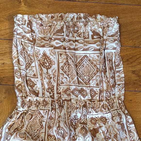 Salty Lemon Brown White Geometric Print Strapless Maxi Tiered Dress Large NWT - Picture 9 of 16